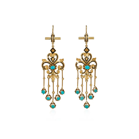 Victorian 14KT Yellow Gold Turquoise & Enamel Earrings front