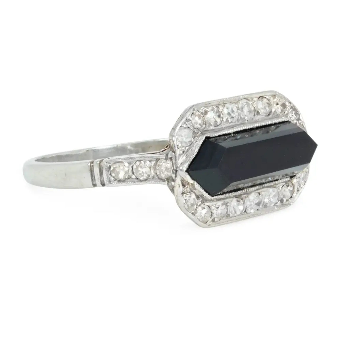 French Art Deco Platinum Onyx & Diamond Ring side