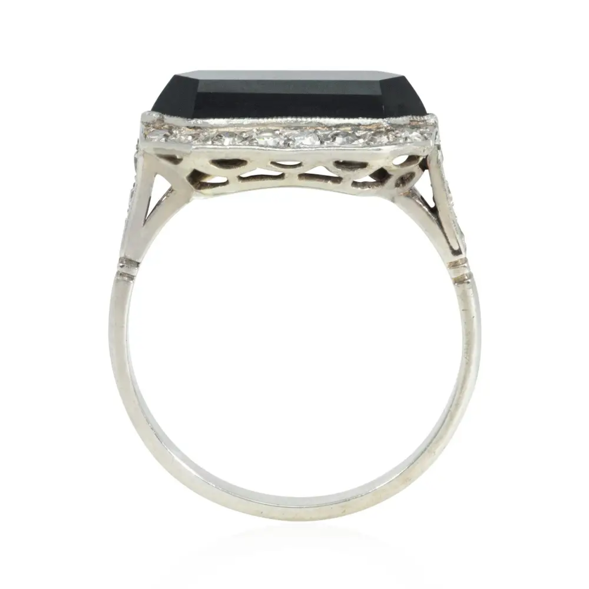 French Art Deco Platinum Onyx & Diamond Ring profile