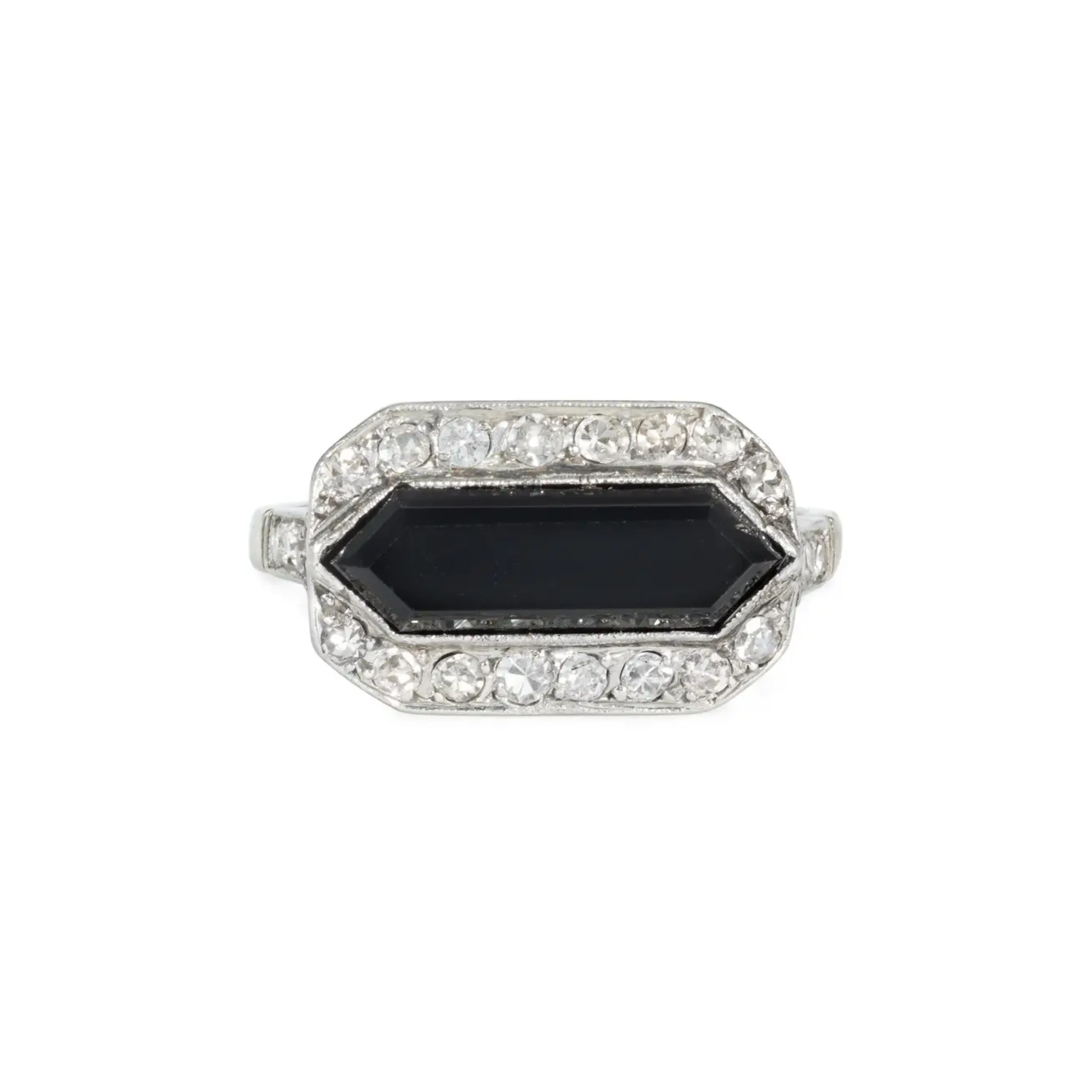 French Art Deco Platinum Onyx & Diamond Ring front