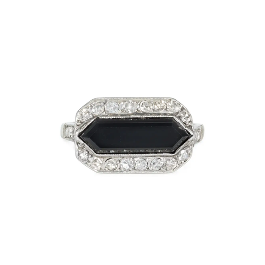 French Art Deco Platinum Onyx & Diamond Ring front