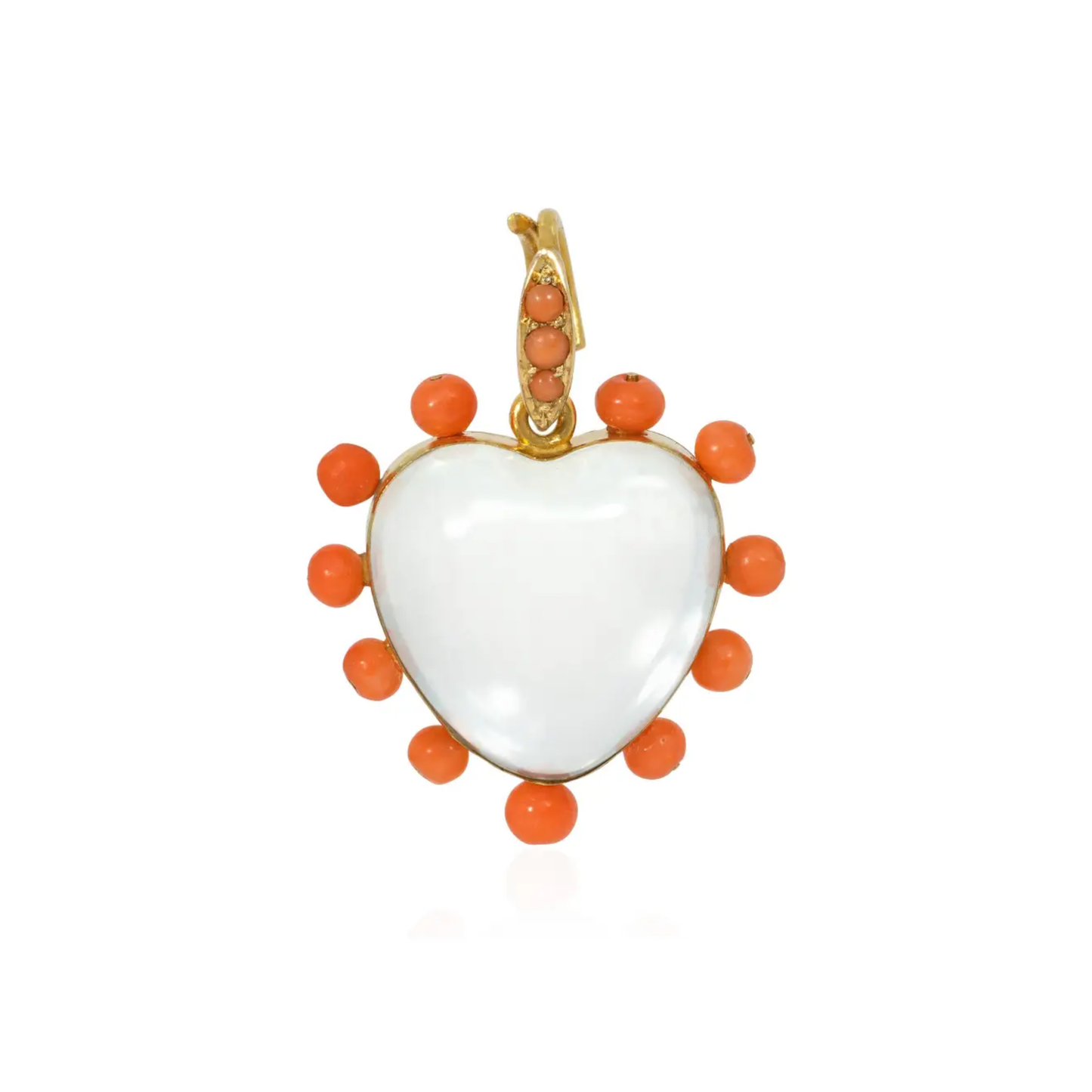 Victorian 15KT Yellow Gold Coral & Crystal Heart Locket Pendant front