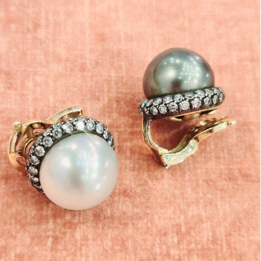 Villa Milano Post-1980s Silver & 18KT Yellow Gold Cultured Pearl & Diamond Earrings side