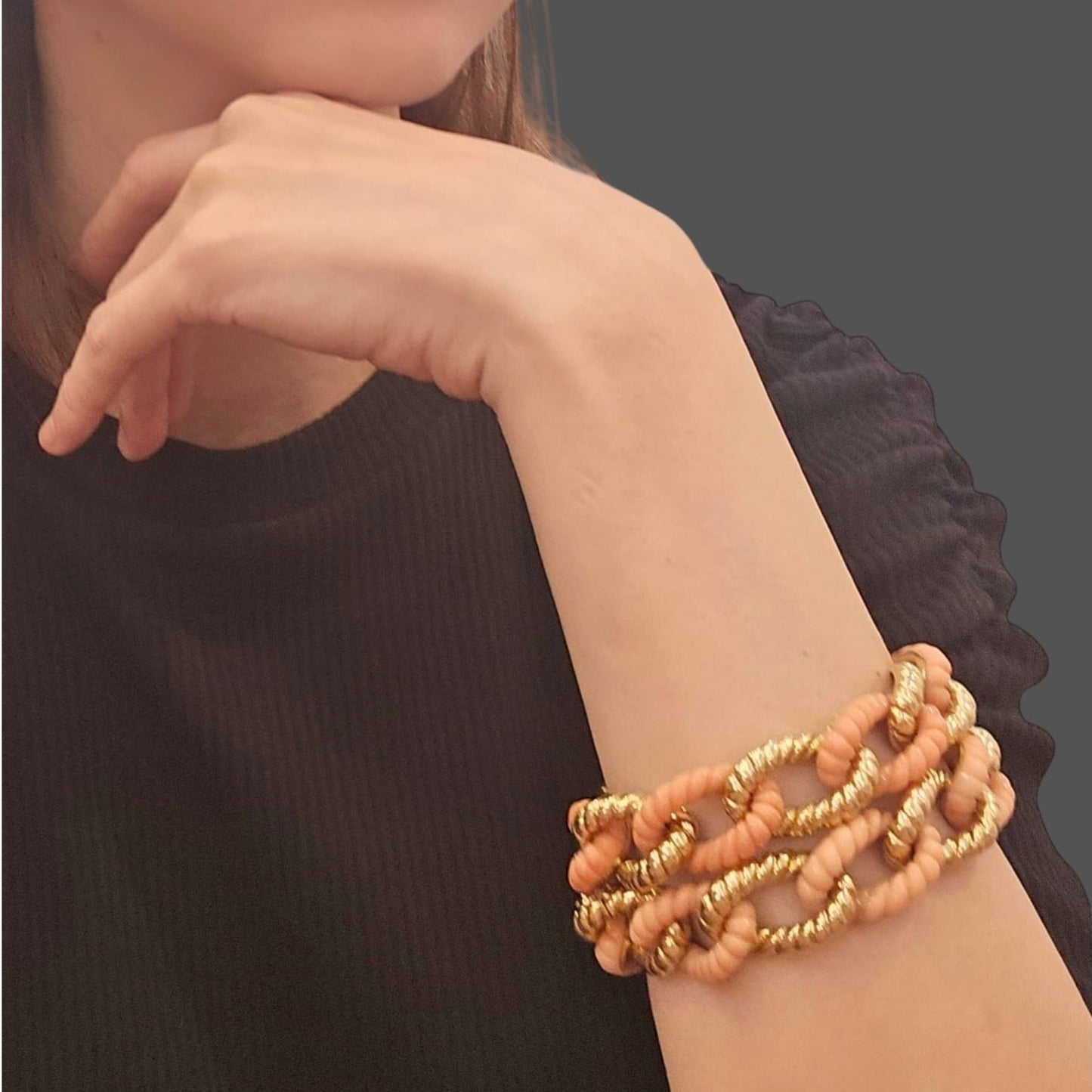 Van Cleef & Arpels France 1960s 18KT Yellow Gold Coral Suite on wrist