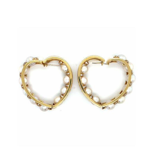 1970s 18KT Yellow Gold Diamond & Cultured Pearl Heart Earrings front