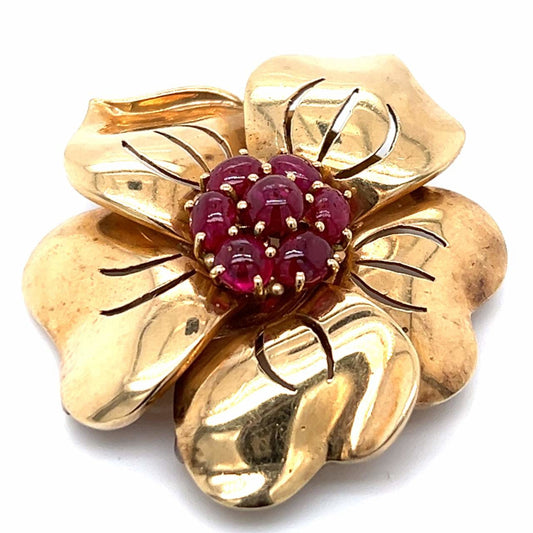 Trabert & Hoeffer Mauboussin Retro 14KT Yellow Gold Ruby Flower Brooch front