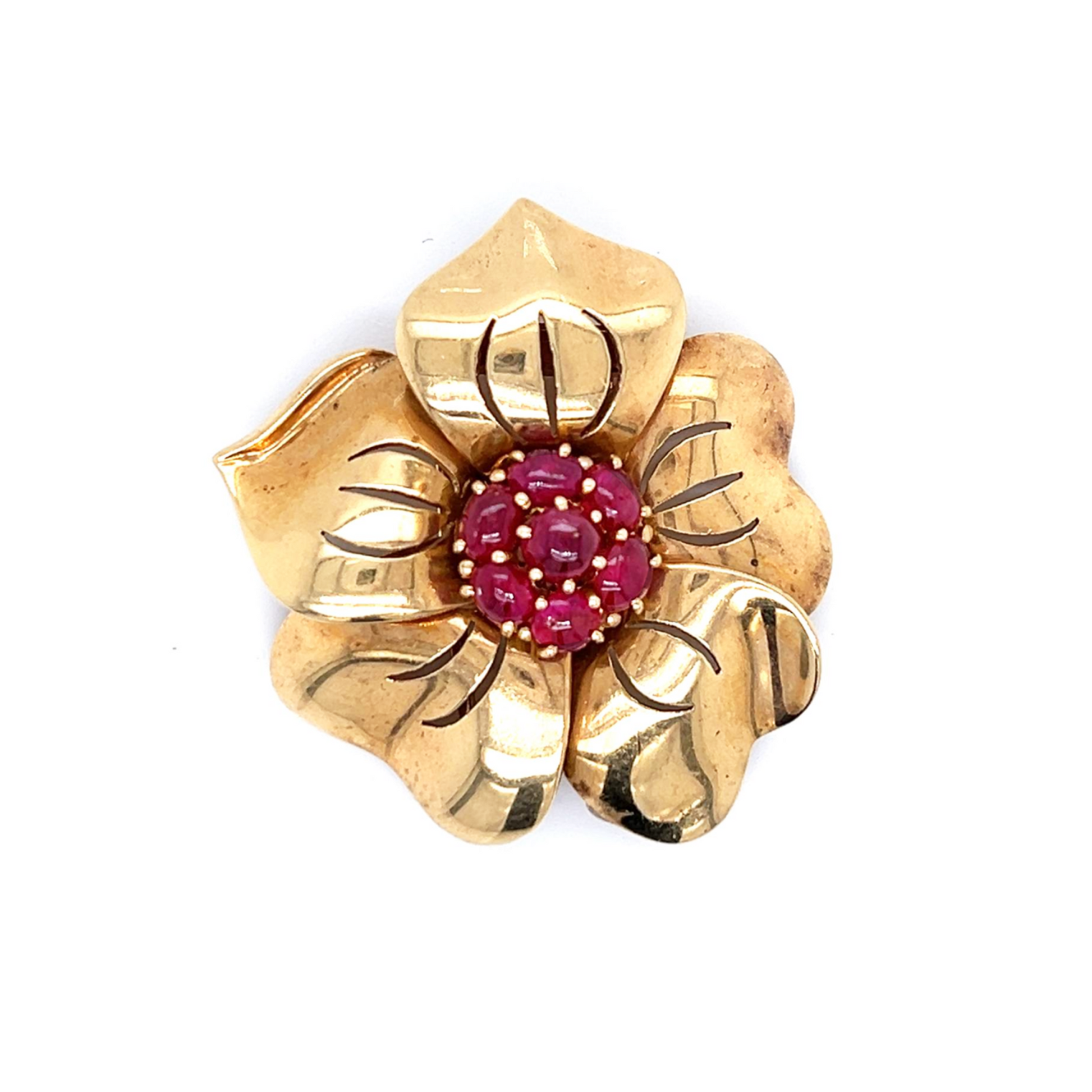 Trabert & Hoeffer Mauboussin Retro 14KT Yellow Gold Ruby Flower Brooch front