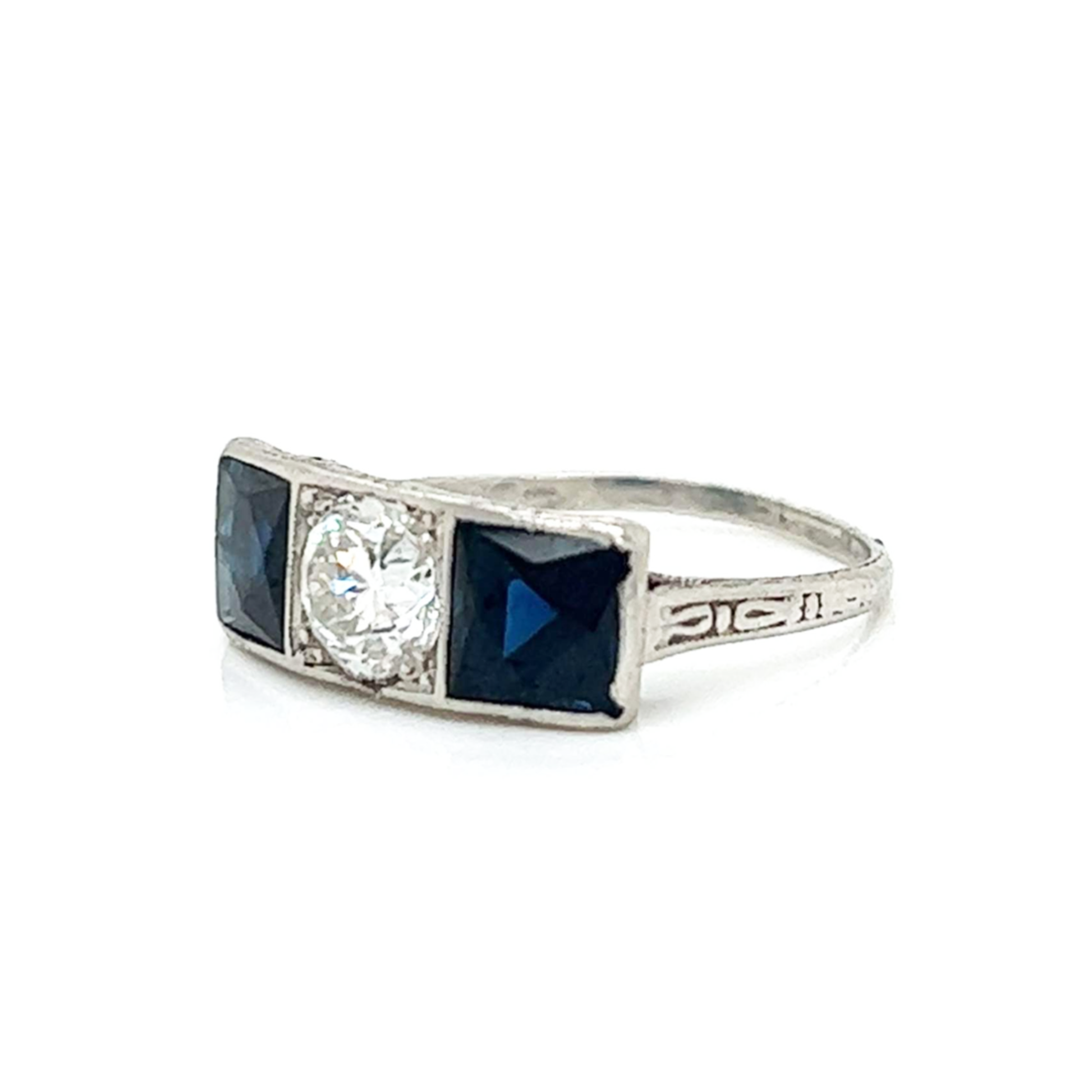 Art Deco Platinum Sapphire & Diamond Ring side