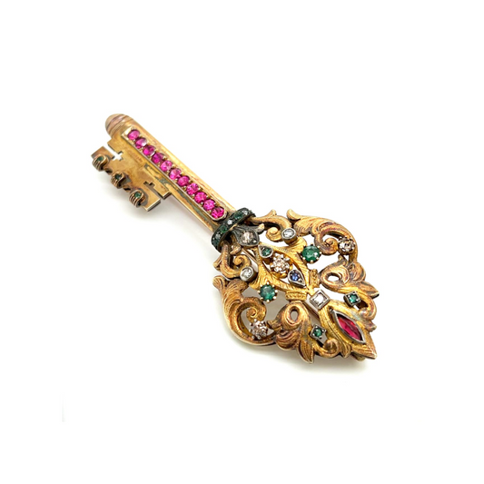 Romanelli Post-1980s 18KT Yellow Gold Diamond, Emerald, Ruby & Sapphire Key Brooch front