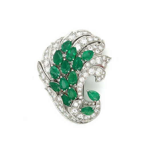 1980s Platinum Emerald & Diamond Brooch front