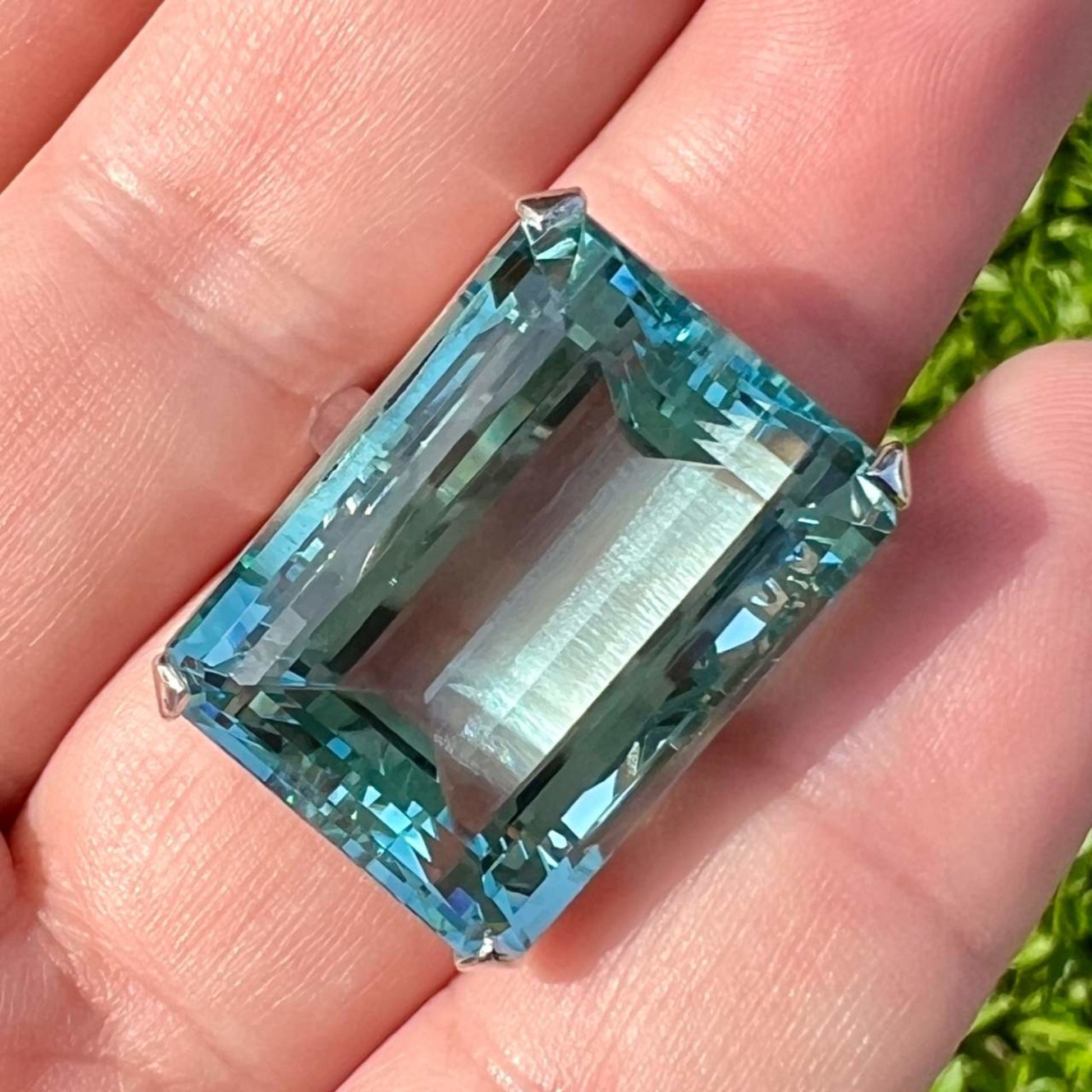 Post-1980s Platinum Aquamarine Ring on finger