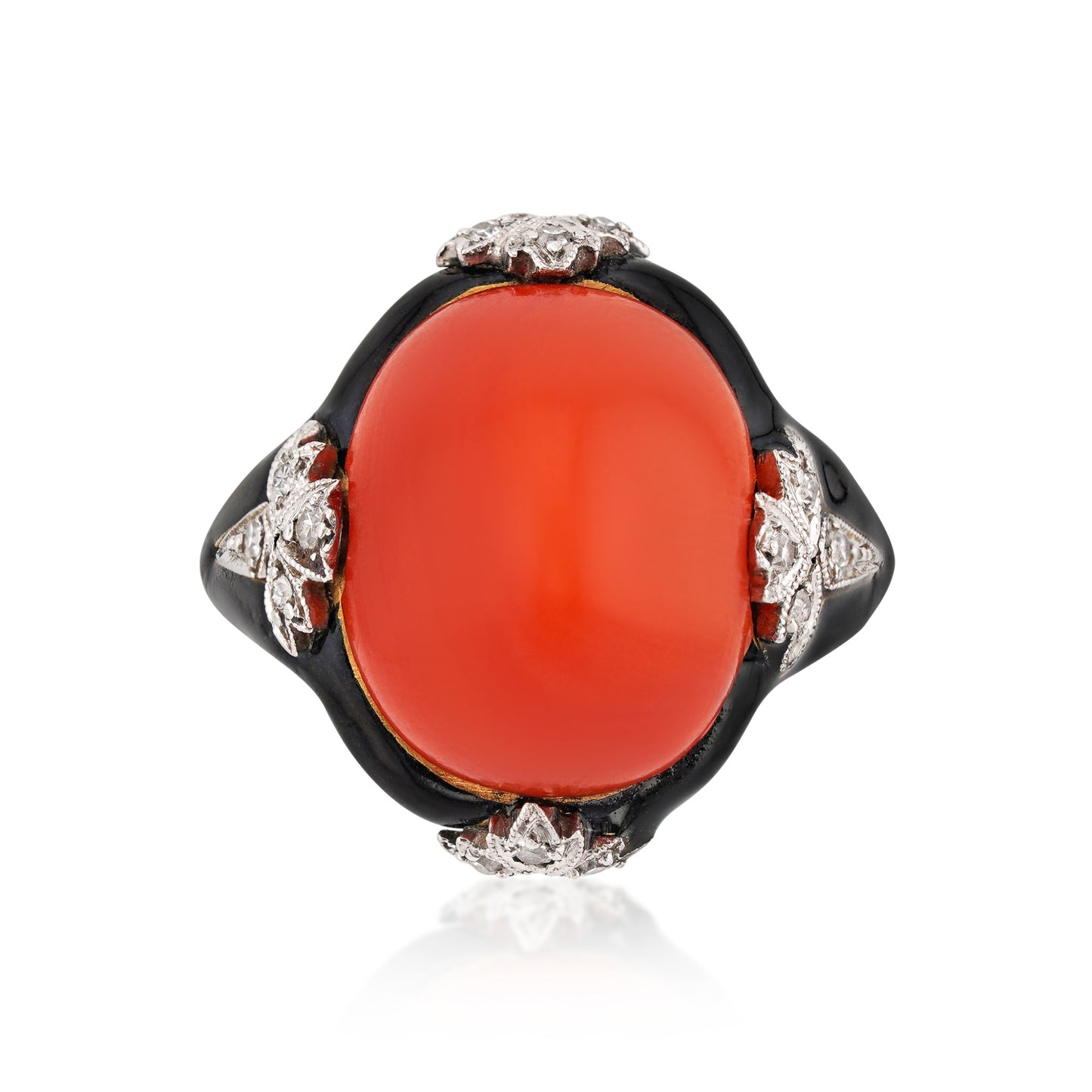 Bailey, Banks & Biddle Art Deco Platinum Coral, Diamond & Enamel Ring front