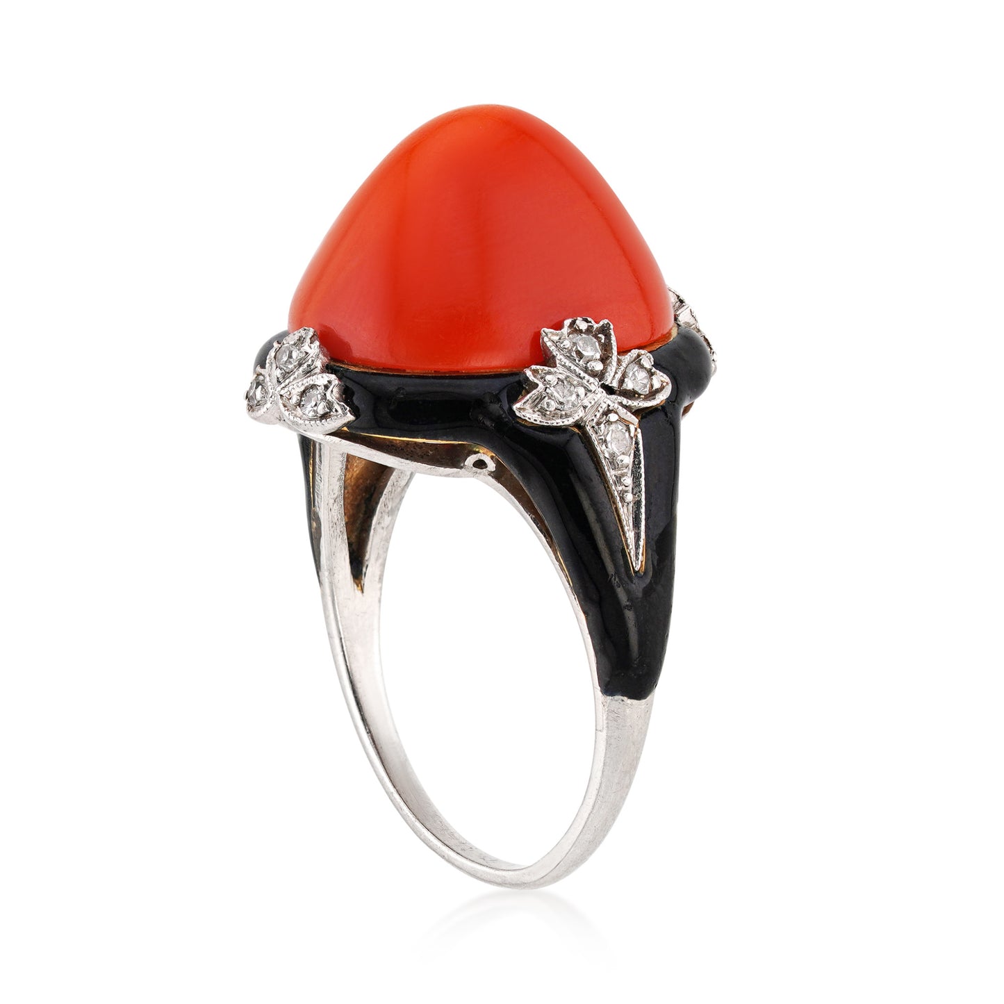 Bailey, Banks & Biddle Art Deco Platinum Coral, Diamond & Enamel Ring profile