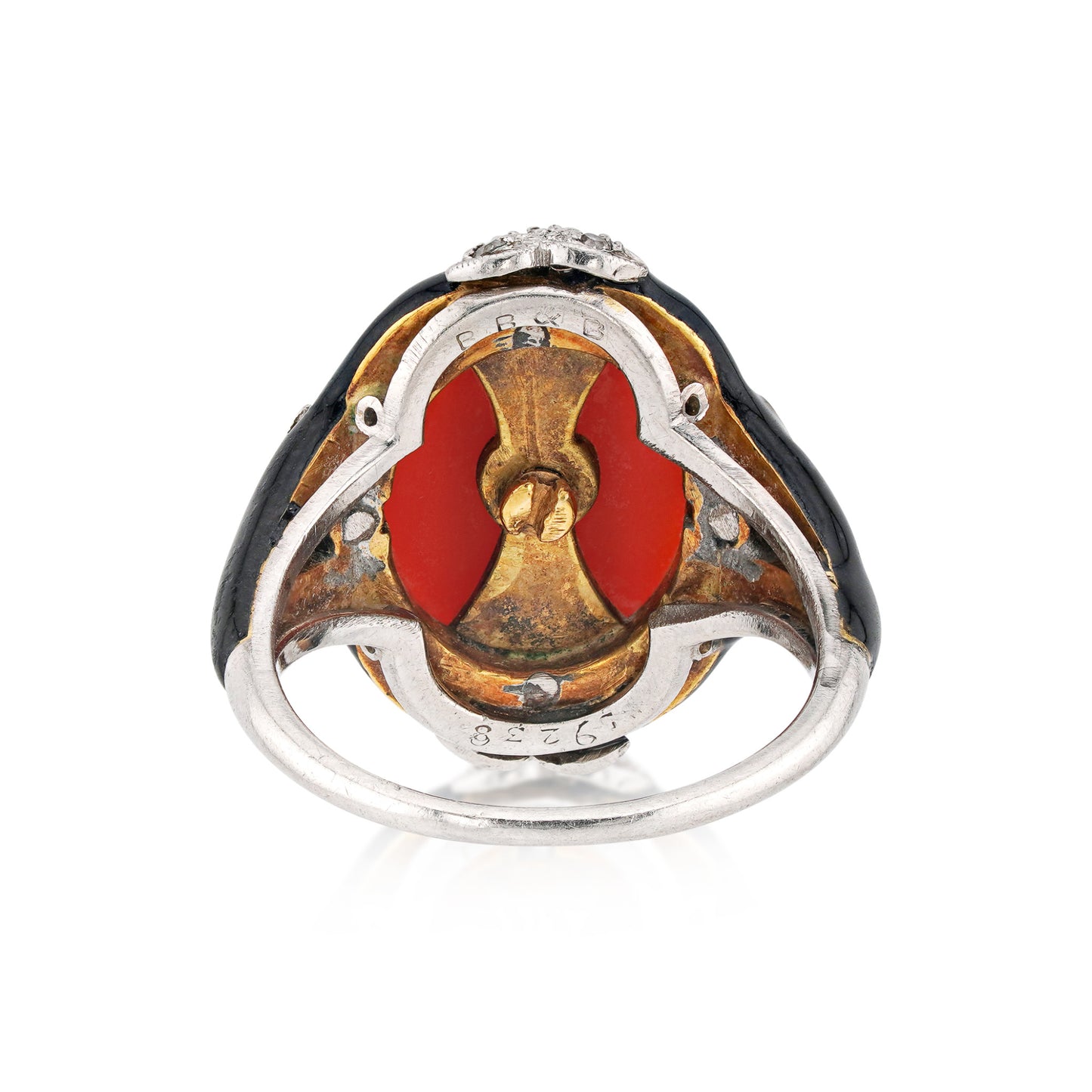 Bailey, Banks & Biddle Art Deco Platinum Coral, Diamond & Enamel Ring back