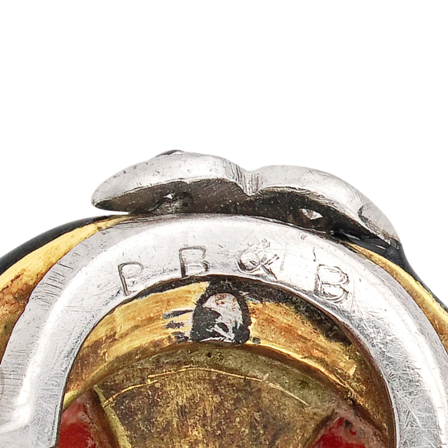 Bailey, Banks & Biddle Art Deco Platinum Coral, Diamond & Enamel Ring signature