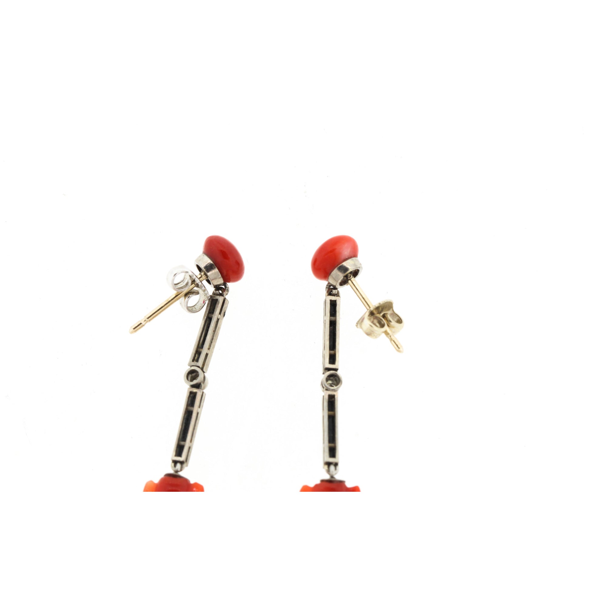 Art Deco Platinum Coral & Enamel Earrings close-up details