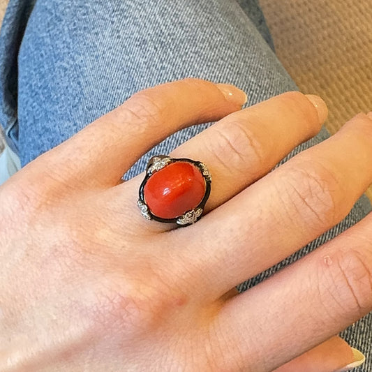 Bailey, Banks & Biddle Art Deco Platinum Coral, Diamond & Enamel Ring on finger