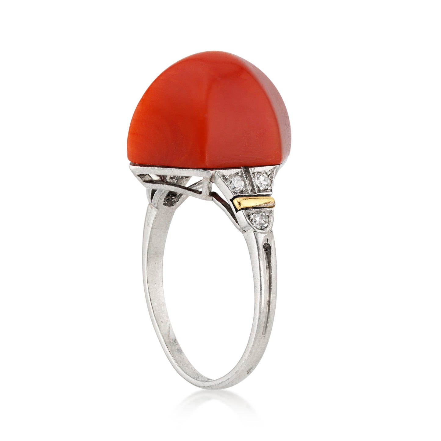 Sellier & Dumond French Art Deco Platinum Coral & Diamond Ring profile