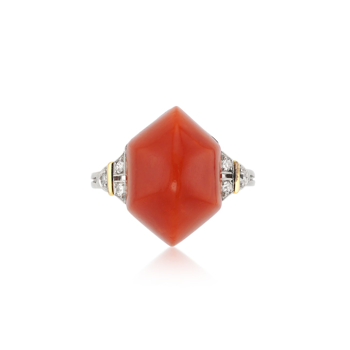 Sellier & Dumond French Art Deco Platinum Coral & Diamond Ring front