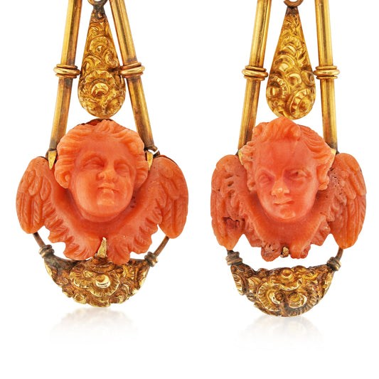 Victorian 18KT Yellow Gold Coral Cherub Earrings close-up details