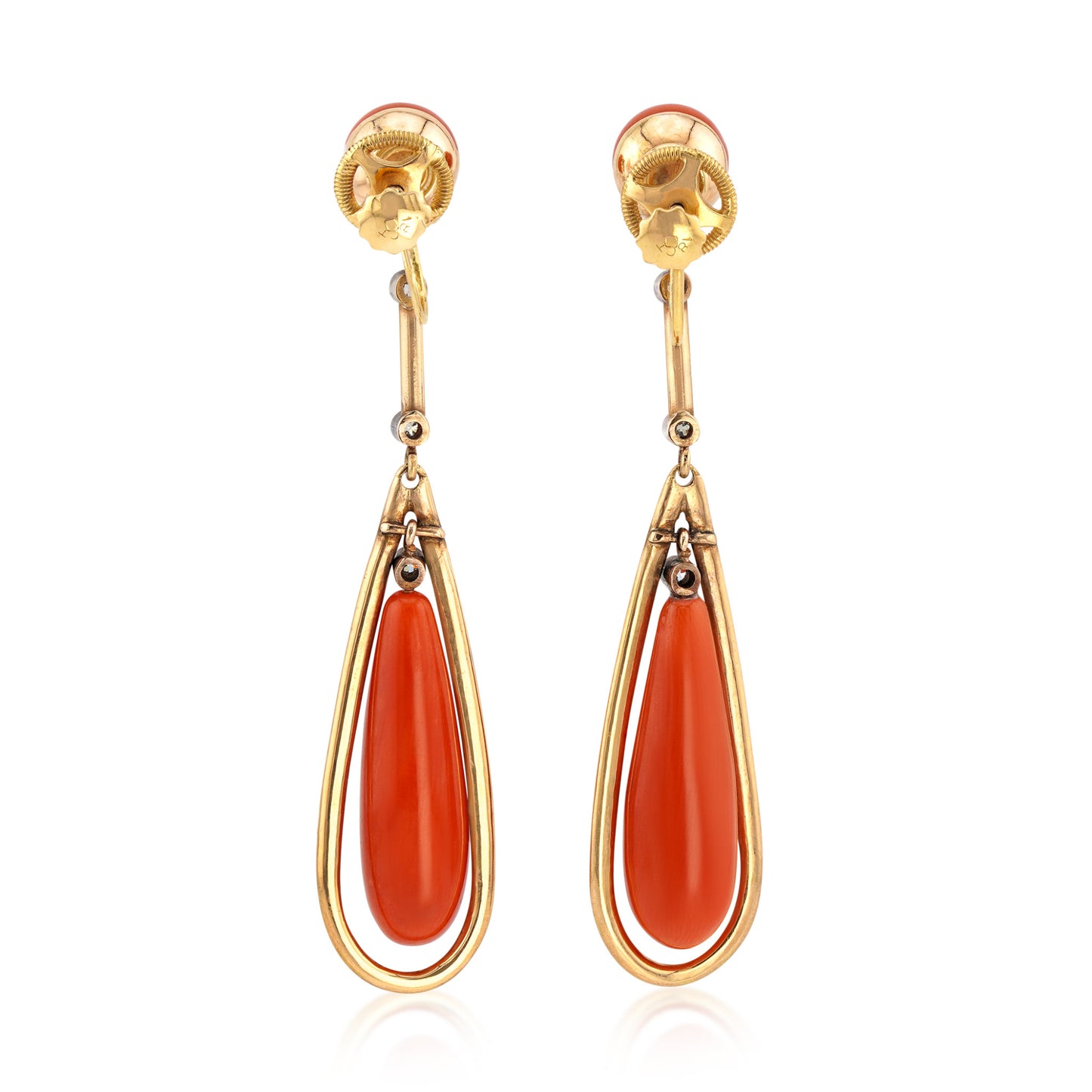 Victorian 18KT Yellow Gold Coral, Diamond & Enamel Earrings back