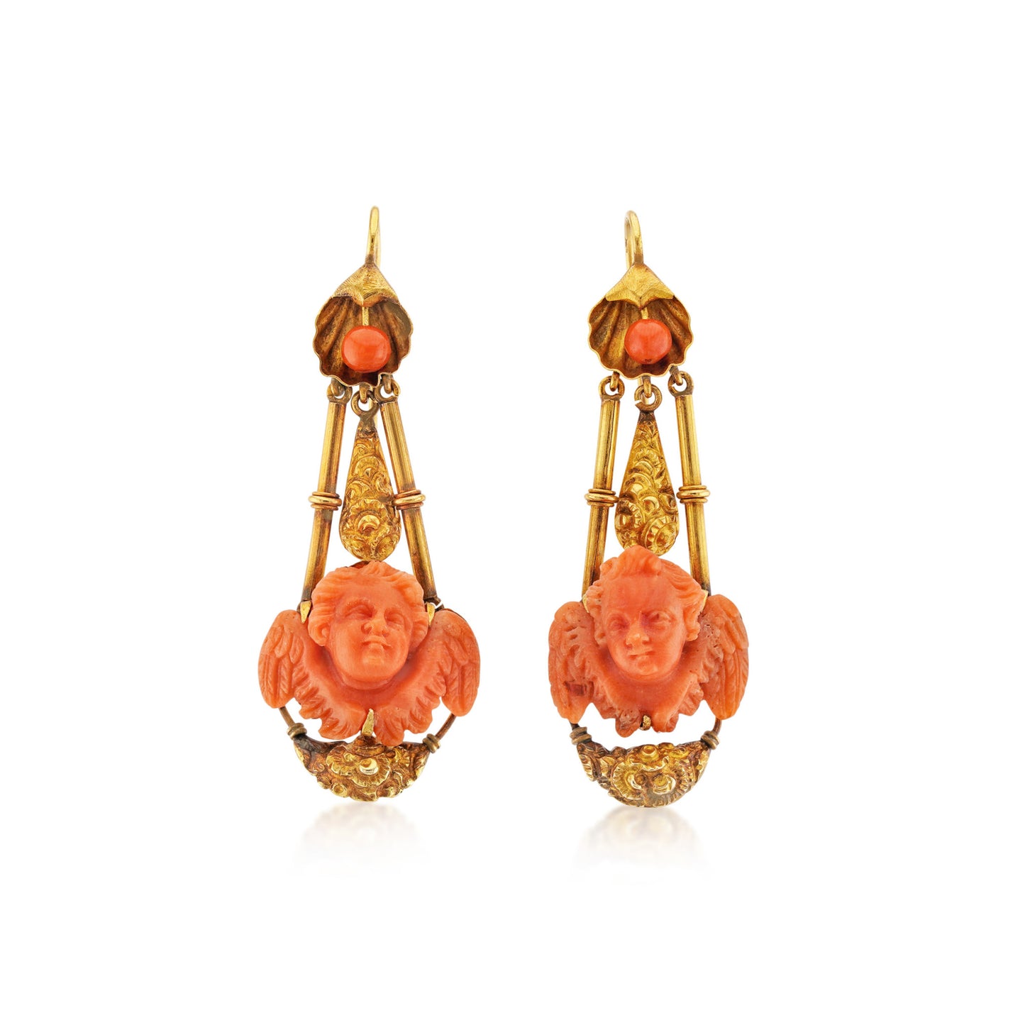 Victorian 18KT Yellow Gold Coral Cherub Earrings front