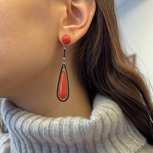 Victorian 18KT Yellow Gold Coral, Diamond & Enamel Earrings on ear