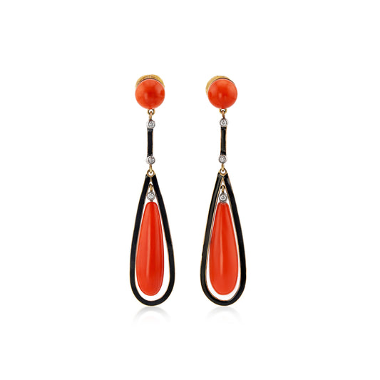 Victorian 18KT Yellow Gold Coral, Diamond & Enamel Earrings front