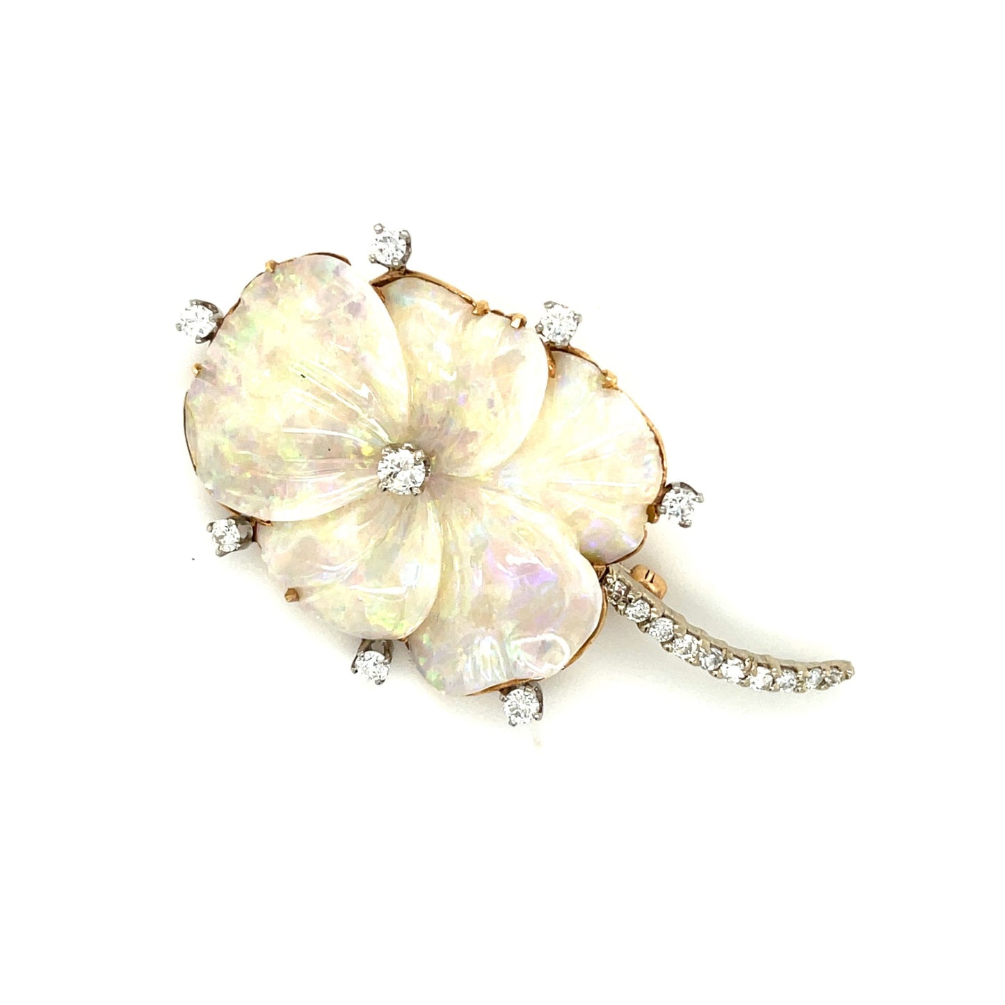 1960s 18KT White Gold Opal & Diamond Pansy Brooch front