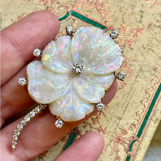 1960s 18KT White Gold Opal & Diamond Pansy Brooch front