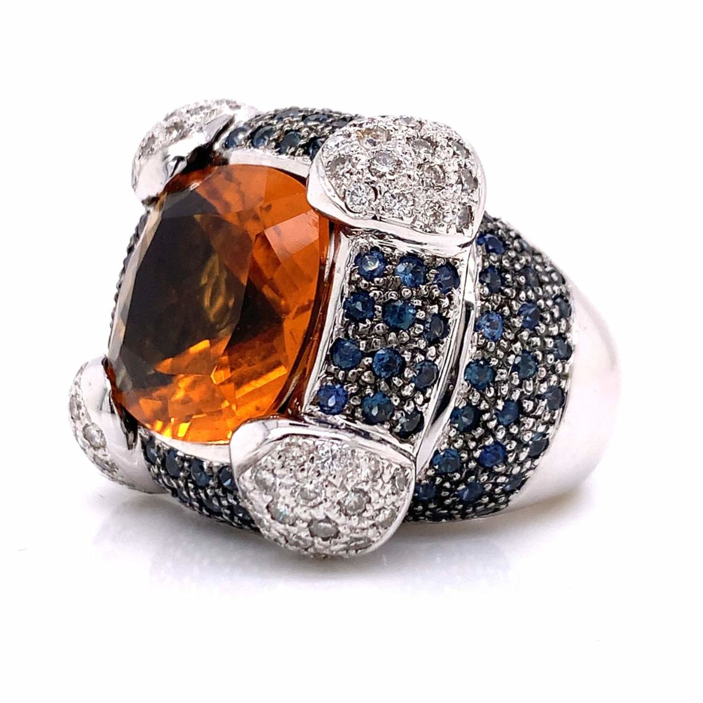 1980s 18KT White Gold Topaz, Diamond & Sapphire Ring side