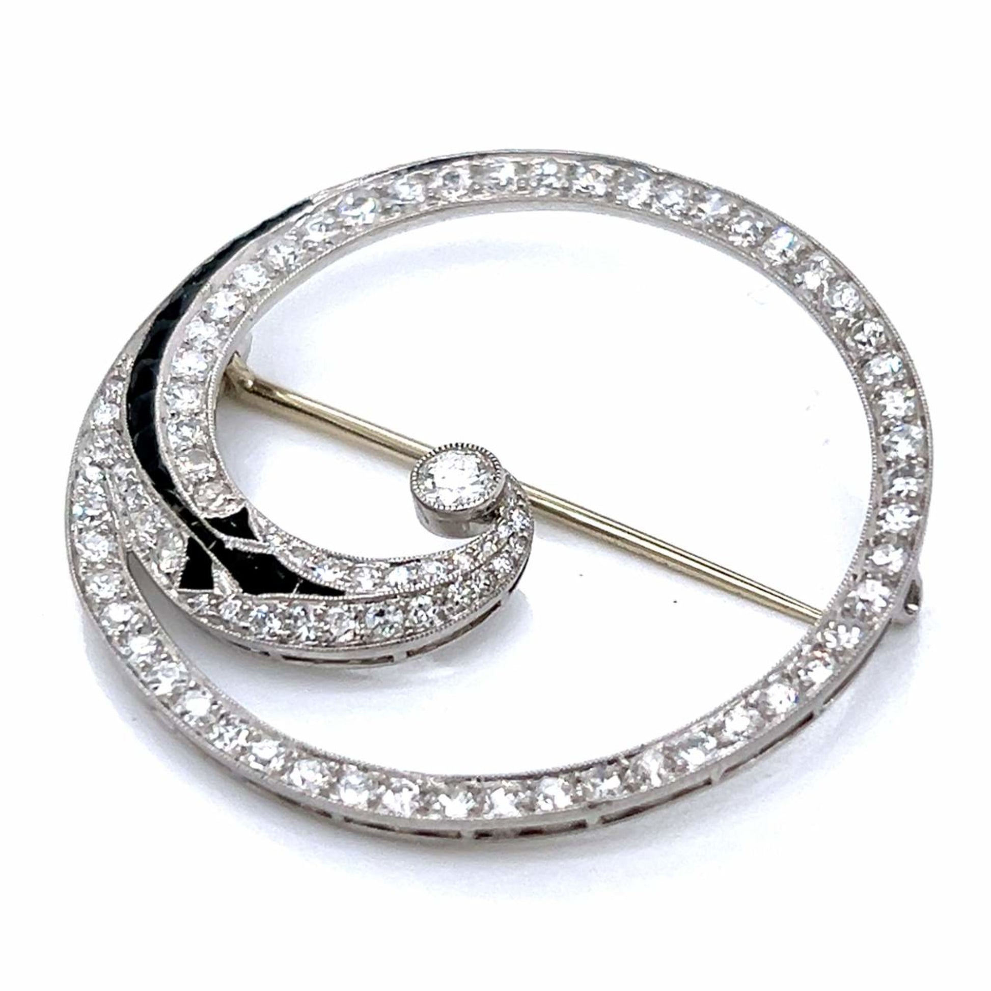 Art Deco Platinum Diamond & Onyx Brooch front