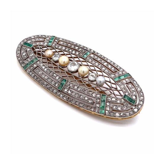 Antique Platinum & 18KT Yellow Gold Natural Pearl, Diamond & Emerald Brooch side