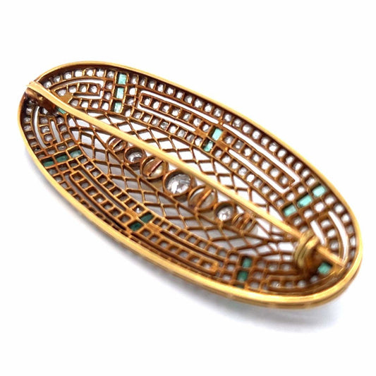 Antique Platinum & 18KT Yellow Gold Natural Pearl, Diamond & Emerald Brooch back