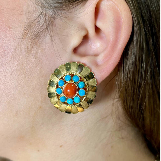 Post-1980s 18KT Yellow Gold Coral & Turquoise Earrings on ear