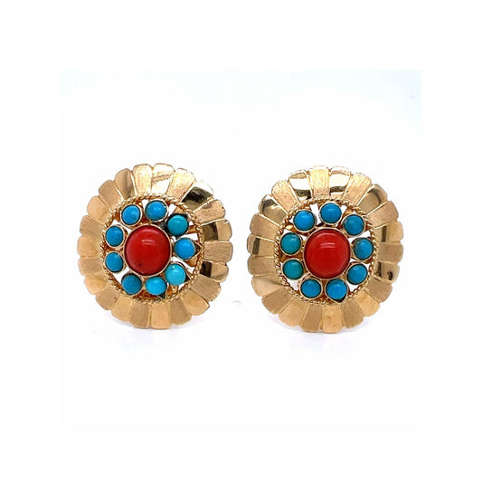 Post-1980s 18KT Yellow Gold Coral & Turquoise Earrings front