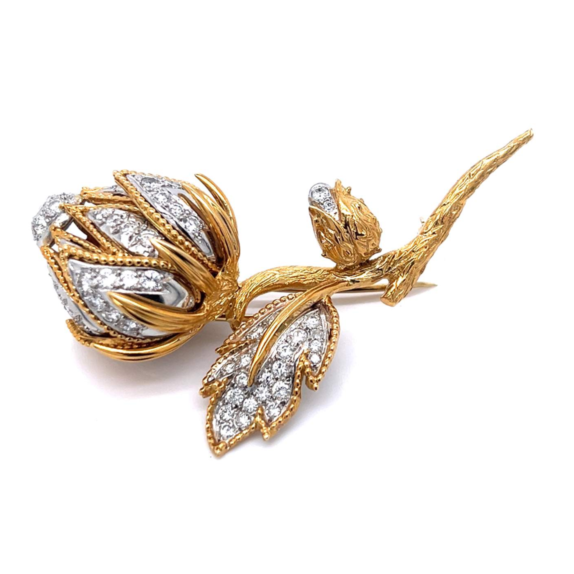 1960s 18KT Yellow Gold Diamond Flower Brooch side