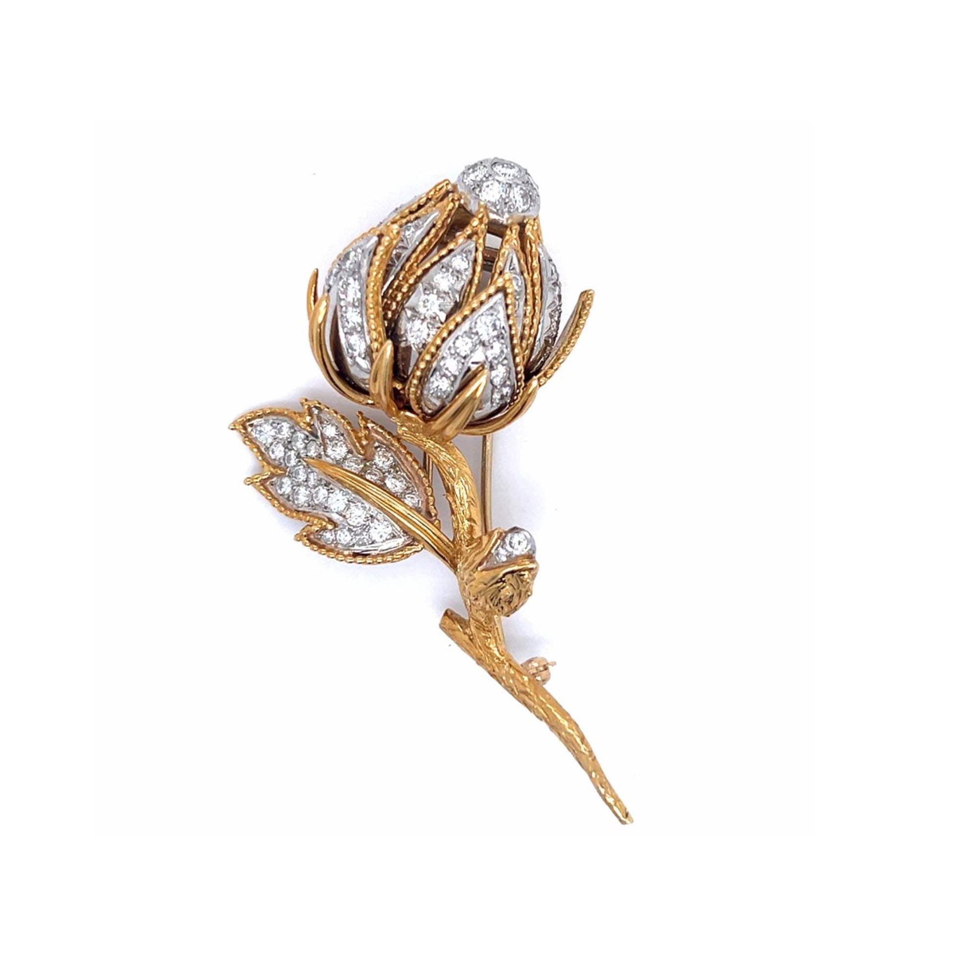 1960s 18KT Yellow Gold Diamond Flower Brooch front