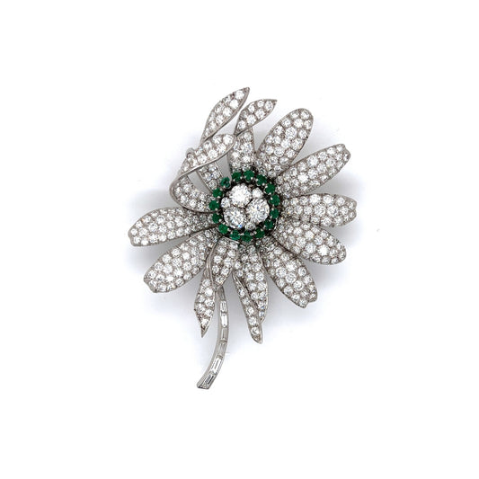 Post-1980s Platinum Diamond & Emerald Flower Brooch front