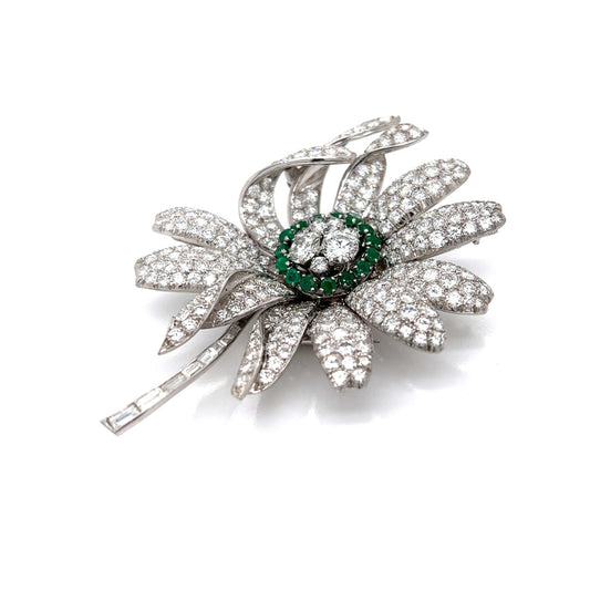 Post-1980s Platinum Diamond & Emerald Flower Brooch side