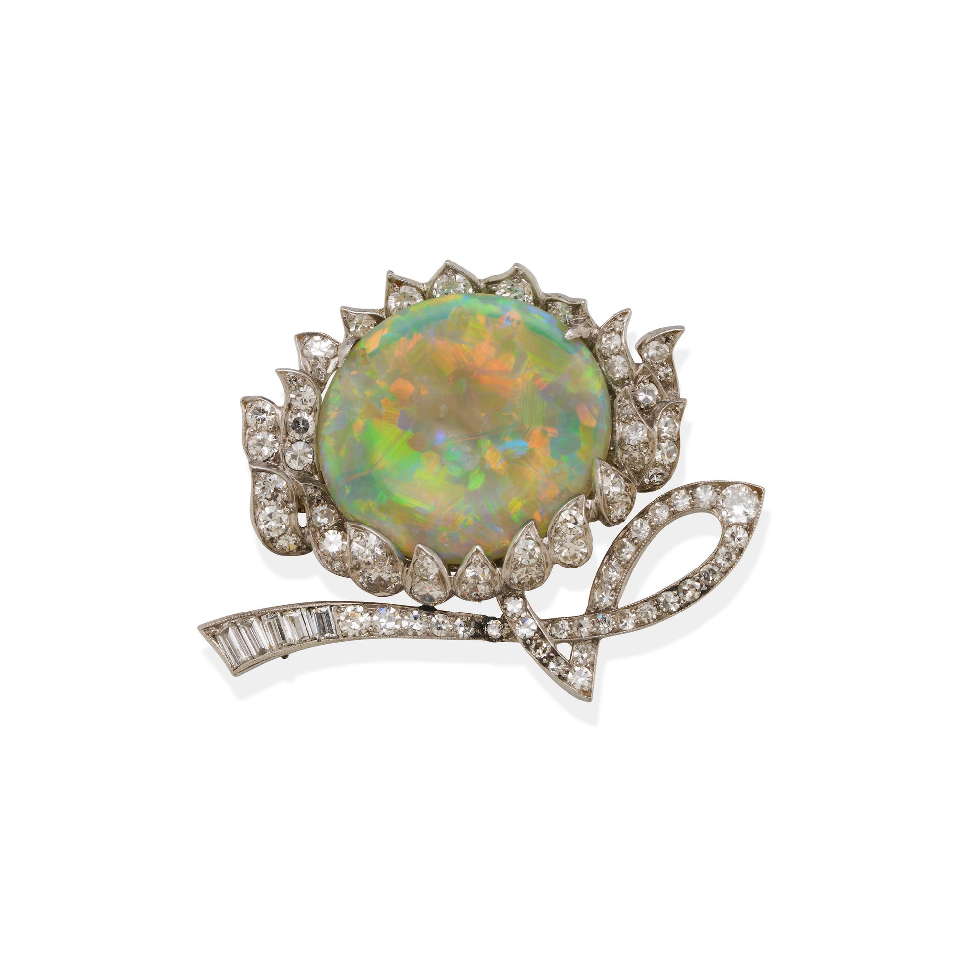 1950s Platinum Opal & Diamond Brooch front