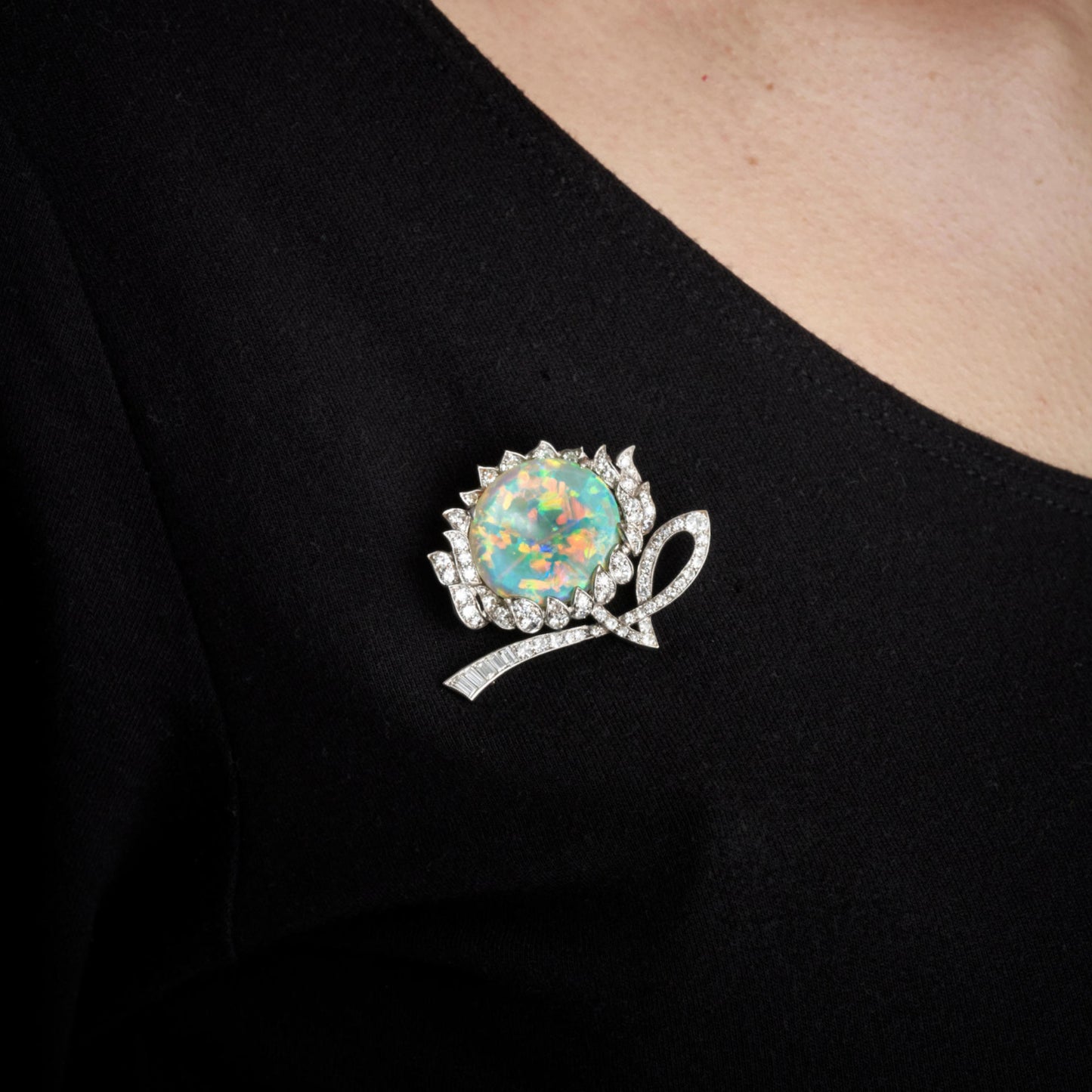 1950s Platinum Opal & Diamond Brooch on blouse