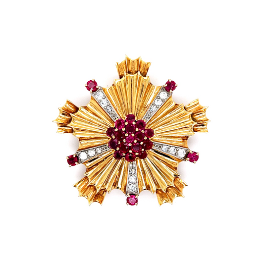 Tiffany & Co. Art Deco 14KT Yellow Gold Ruby & Diamond Brooch front