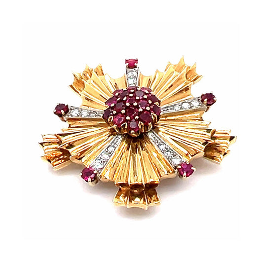 Tiffany & Co. Art Deco 14KT Yellow Gold Ruby & Diamond Brooch side