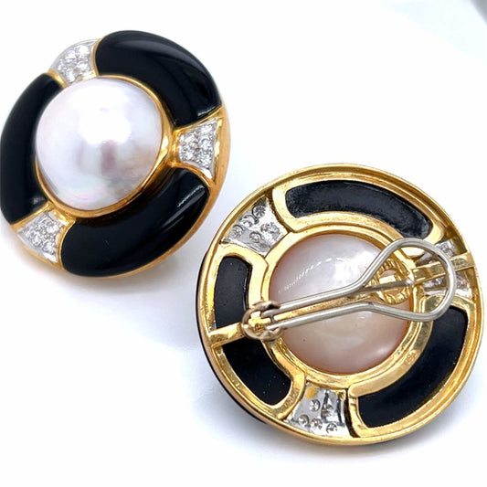 Post-1980s 18KT Yellow Gold Cultured Pearl, Diamond & Onyx Earrings front and back