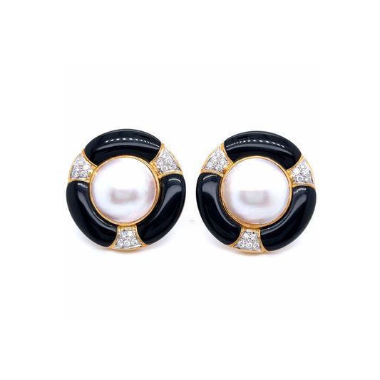 Post-1980s 18KT Yellow Gold Cultured Pearl, Diamond & Onyx Earrings front