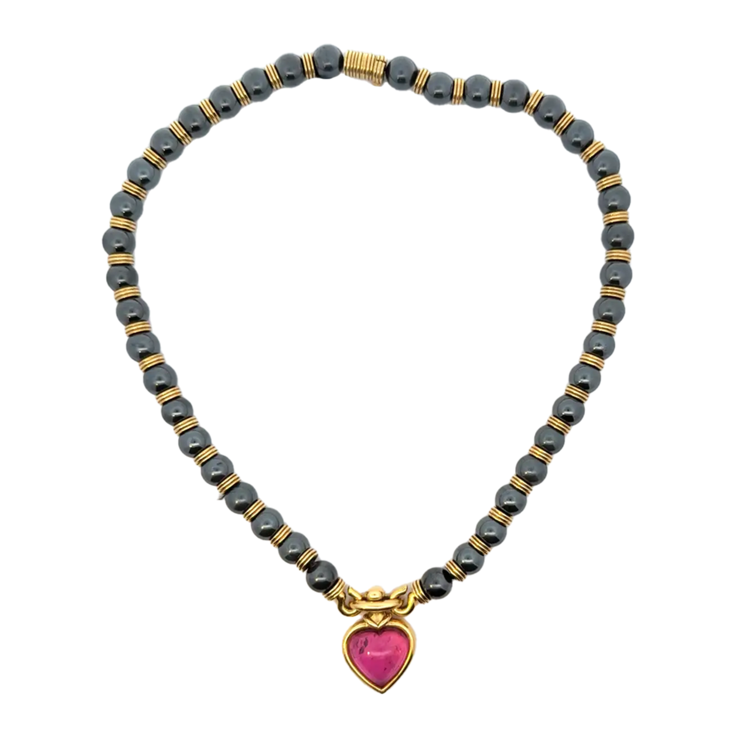 Bulgari 1970s 18KT Yellow Gold Tourmaline & Hematite Heart Necklace front