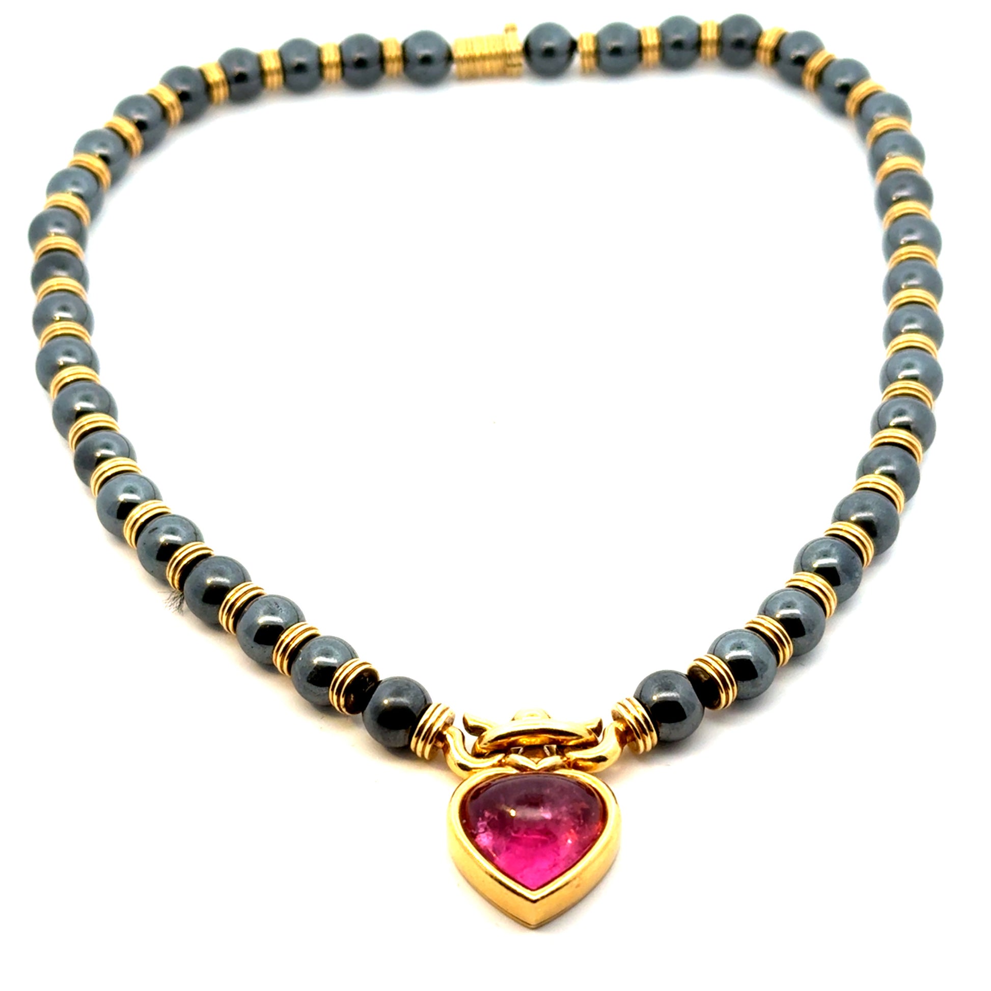 Bulgari 1970s 18KT Yellow Gold Tourmaline & Hematite Heart Necklace front