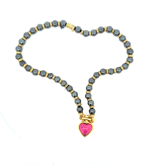 Bulgari 1970s 18KT Yellow Gold Tourmaline & Hematite Heart Necklace front