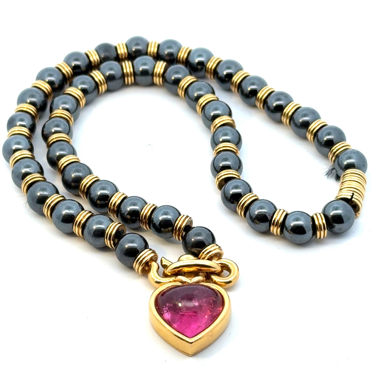 Bulgari 1970s 18KT Yellow Gold Tourmaline & Hematite Heart Necklace front